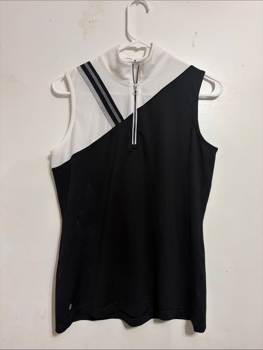Black and White Sleeveless Zip Mock-Neck Tank Top